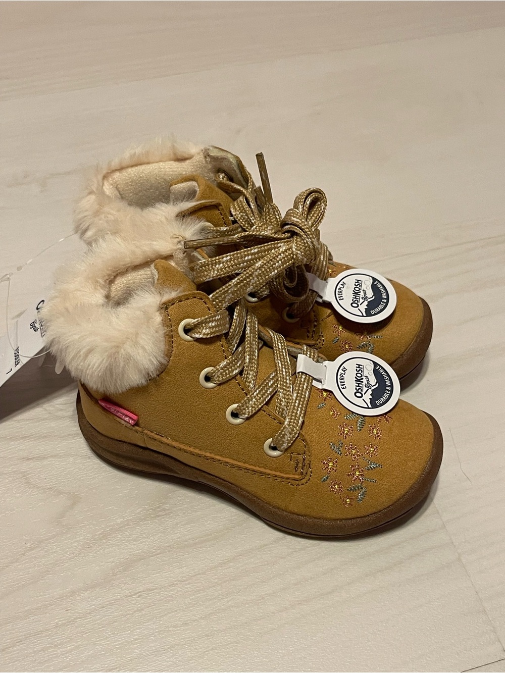 OshKosh B'gosh Tan Faux-Fur Lace-Up Toddler Boots with Embroidery